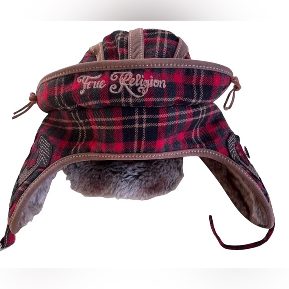 True Religion Red Plaid Trapper Hat with Chinstrap - Picture 7 of 12